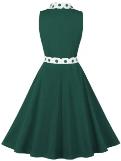Fashion Retro Stage 1950s Lapel Polka Dots Sleeveless Belted Dress