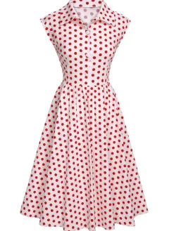 Discount Retro Stage 1940s Lapel Polka Dots Sleeveless Dress
