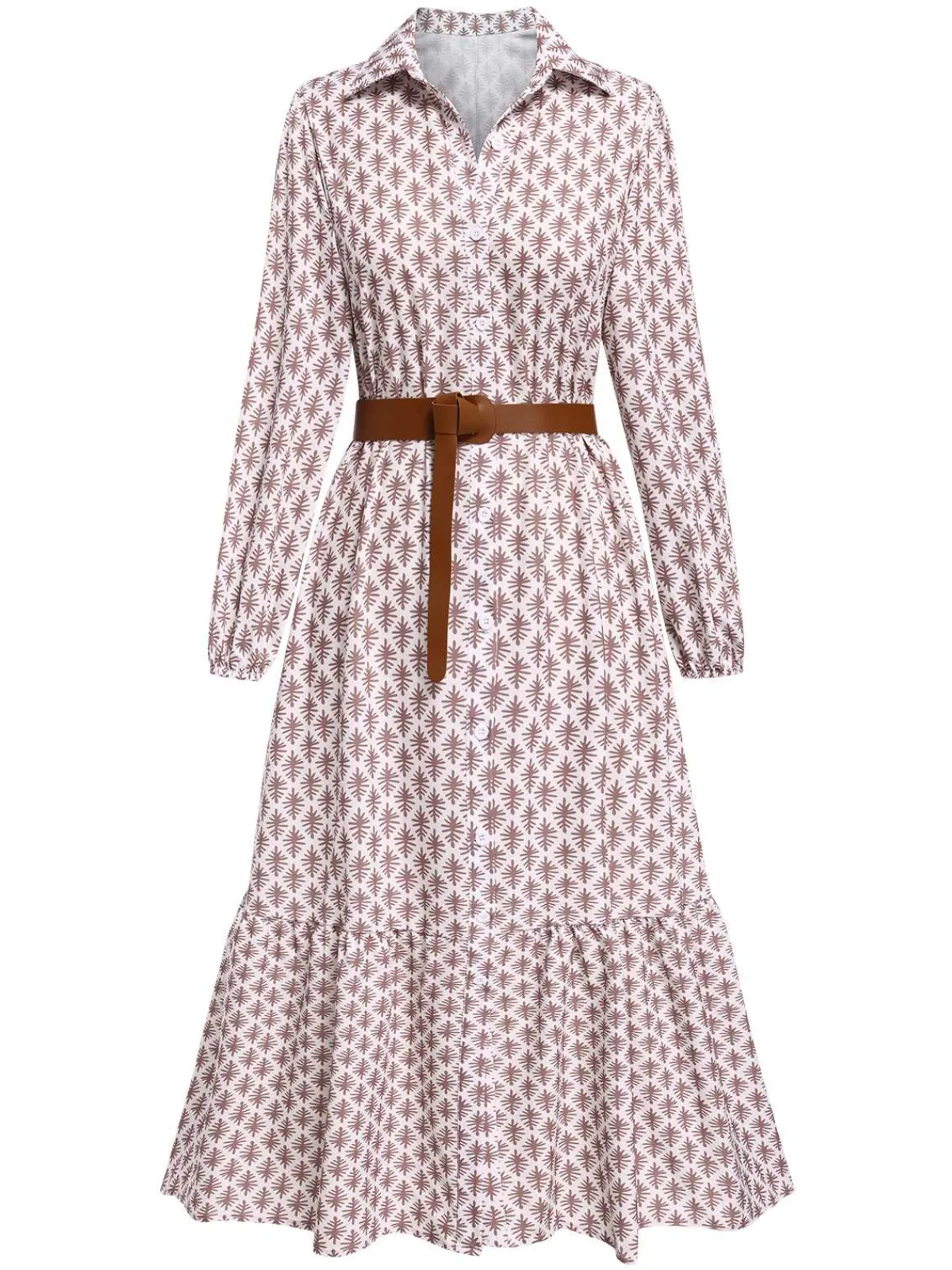 Best Retro Stage 1930s Lapel Printed Belted Long Sleeve Dress Khaki