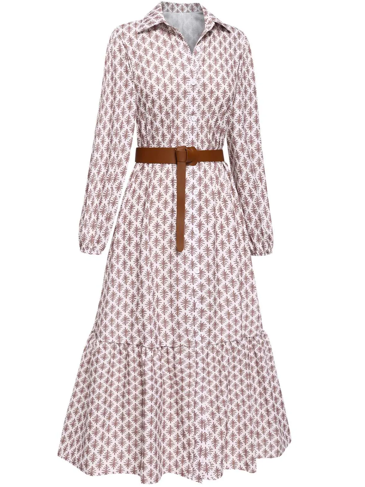 Best Retro Stage 1930s Lapel Printed Belted Long Sleeve Dress Khaki