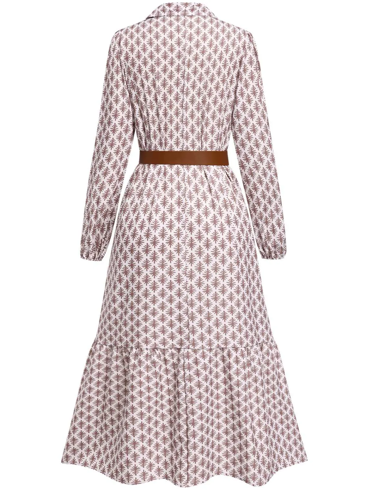 Best Retro Stage 1930s Lapel Printed Belted Long Sleeve Dress Khaki