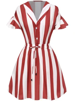 Online Retro Stage 1950s Lapel And White Striped Dress Red