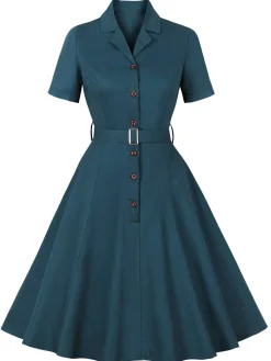 Outlet Retro Stage 1950s Lapel Solid Buttons Belt Dress