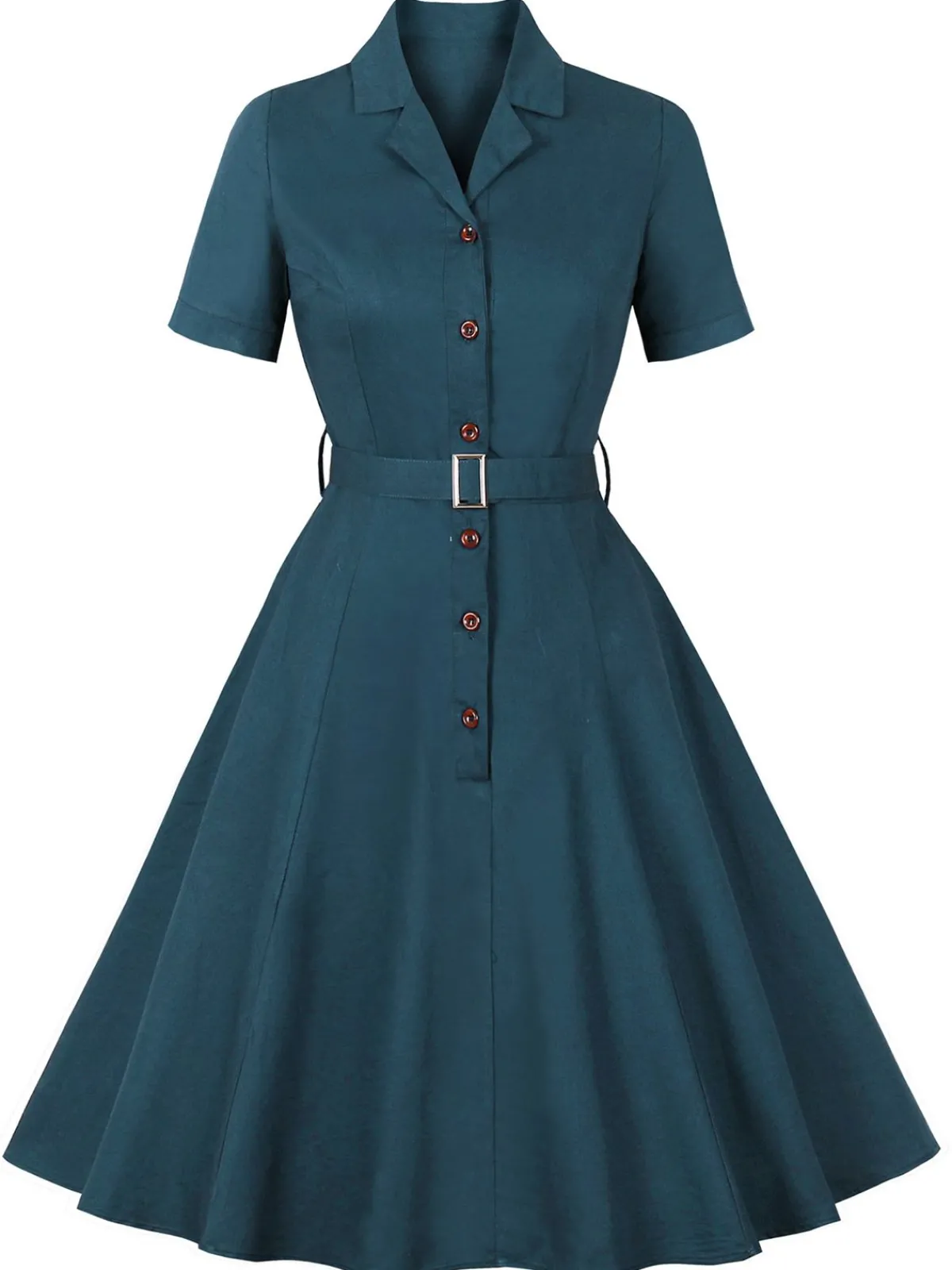 Outlet Retro Stage 1950s Lapel Solid Buttons Belt Dress