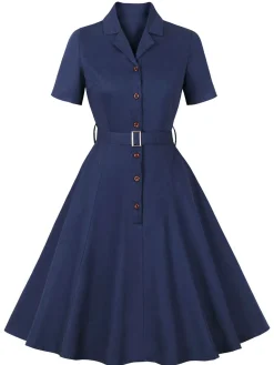 Outlet Retro Stage 1950s Lapel Solid Buttons Belt Dress