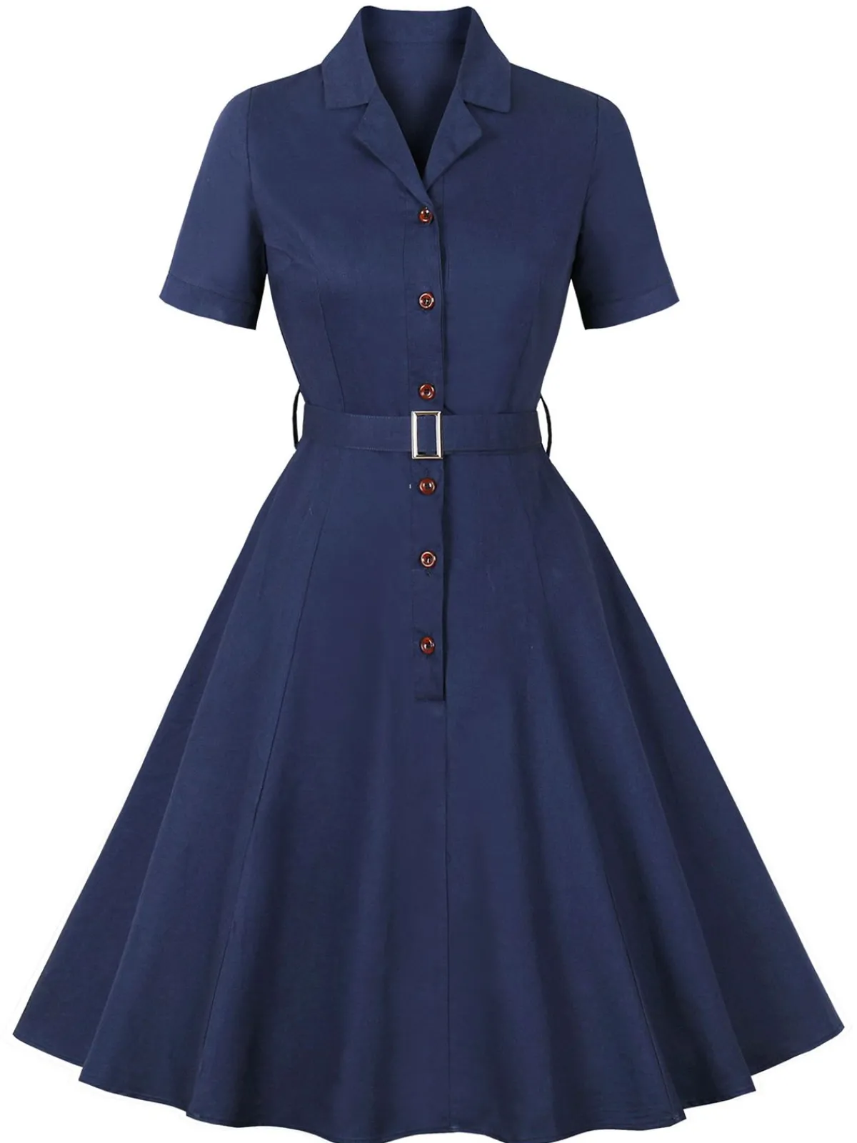 Outlet Retro Stage 1950s Lapel Solid Buttons Belt Dress