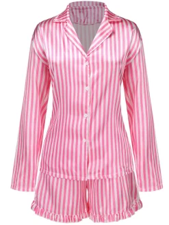 Hot Retro Stage 1960s Lapel Stripes Satin Pajamas Set