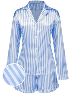 Hot Retro Stage 1960s Lapel Stripes Satin Pajamas Set