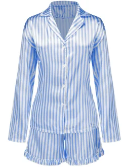 Hot Retro Stage 1960s Lapel Stripes Satin Pajamas Set