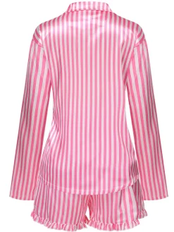 Hot Retro Stage 1960s Lapel Stripes Satin Pajamas Set