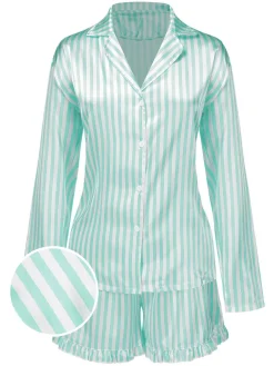 Hot Retro Stage 1960s Lapel Stripes Satin Pajamas Set