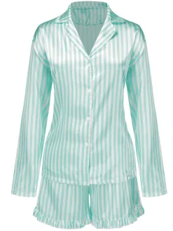 Hot Retro Stage 1960s Lapel Stripes Satin Pajamas Set
