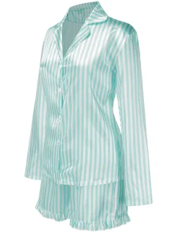 Hot Retro Stage 1960s Lapel Stripes Satin Pajamas Set