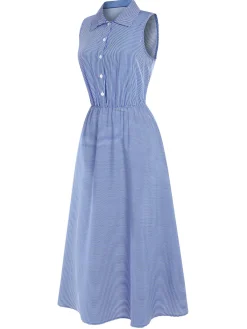 Online Retro Stage 1940s Lapel Stripes Sleeveless Dress