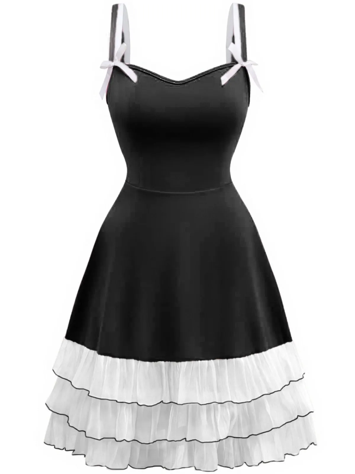 Fashion Retro Stage 1950s Layered Hem Contrast Bow Strap Dress
