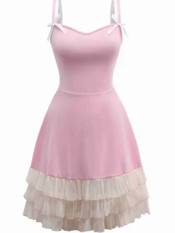 Fashion Retro Stage 1950s Layered Hem Contrast Bow Strap Dress