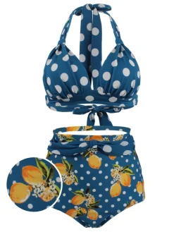 Outlet Retro Stage 1950s Lemon Polka Dot Halter Bikini Blue
