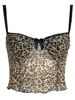 Hot Retro Stage 1980s Leopard Bow Crop Camisole Brown