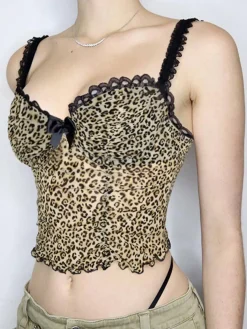 Hot Retro Stage 1980s Leopard Bow Crop Camisole Brown
