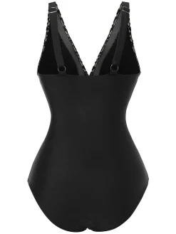 Best Retro Stage 1950s Leopard Deep V-Neck Patchwork Swimsuit Brown