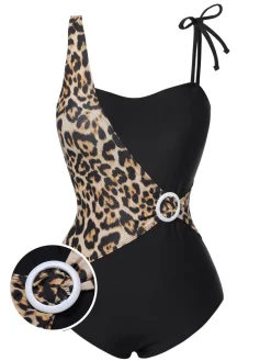 Clearance Retro Stage 1950s Leopard Patchwork One-Piece Swimsuit Multicolor