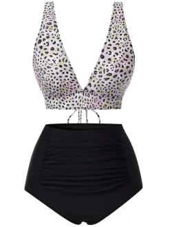 New Retro Stage 1950s Leopard Print Deep V-Neck Lace-Up Bikini Set