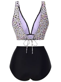 New Retro Stage 1950s Leopard Print Deep V-Neck Lace-Up Bikini Set