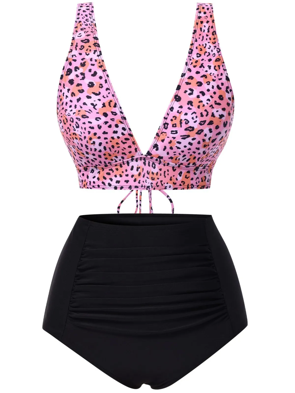 New Retro Stage 1950s Leopard Print Deep V-Neck Lace-Up Bikini Set