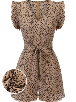 Best Retro Stage 1930s Print Mullet Sleeves V-neck Romper Leopard