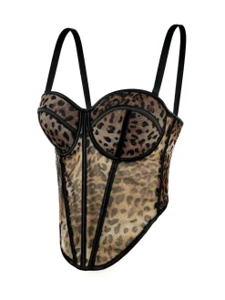 Discount Retro Stage 1980s Leopard Print Spaghetti Strap Herringbone Corset Light Coffee