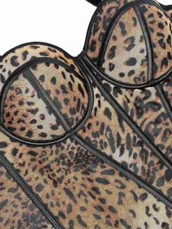 Discount Retro Stage 1980s Leopard Print Spaghetti Strap Herringbone Corset Light Coffee