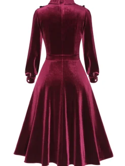 Sale Retro Stage 1950s Long Seelve Velvet Swing Dress Wine Red