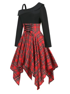 Outlet Retro Stage 1950s Long Sleeve Patchwork Swing Dress