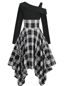 Outlet Retro Stage 1950s Long Sleeve Patchwork Swing Dress