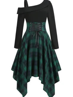 Outlet Retro Stage 1950s Long Sleeve Patchwork Swing Dress