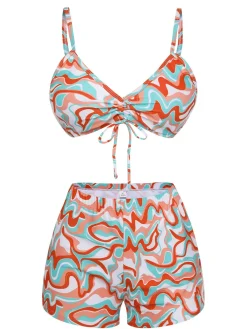 Online Retro Stage 1950s Marble Print Strap Drawstring Swimsuit