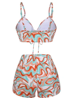 Online Retro Stage 1950s Marble Print Strap Drawstring Swimsuit