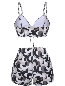 Online Retro Stage 1950s Marble Print Strap Drawstring Swimsuit