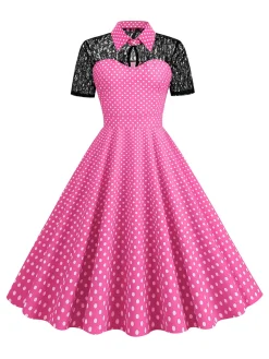 Online Retro Stage 1950s Mesh Patchwork Polka Dot Dress