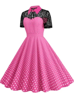 Online Retro Stage 1950s Mesh Patchwork Polka Dot Dress