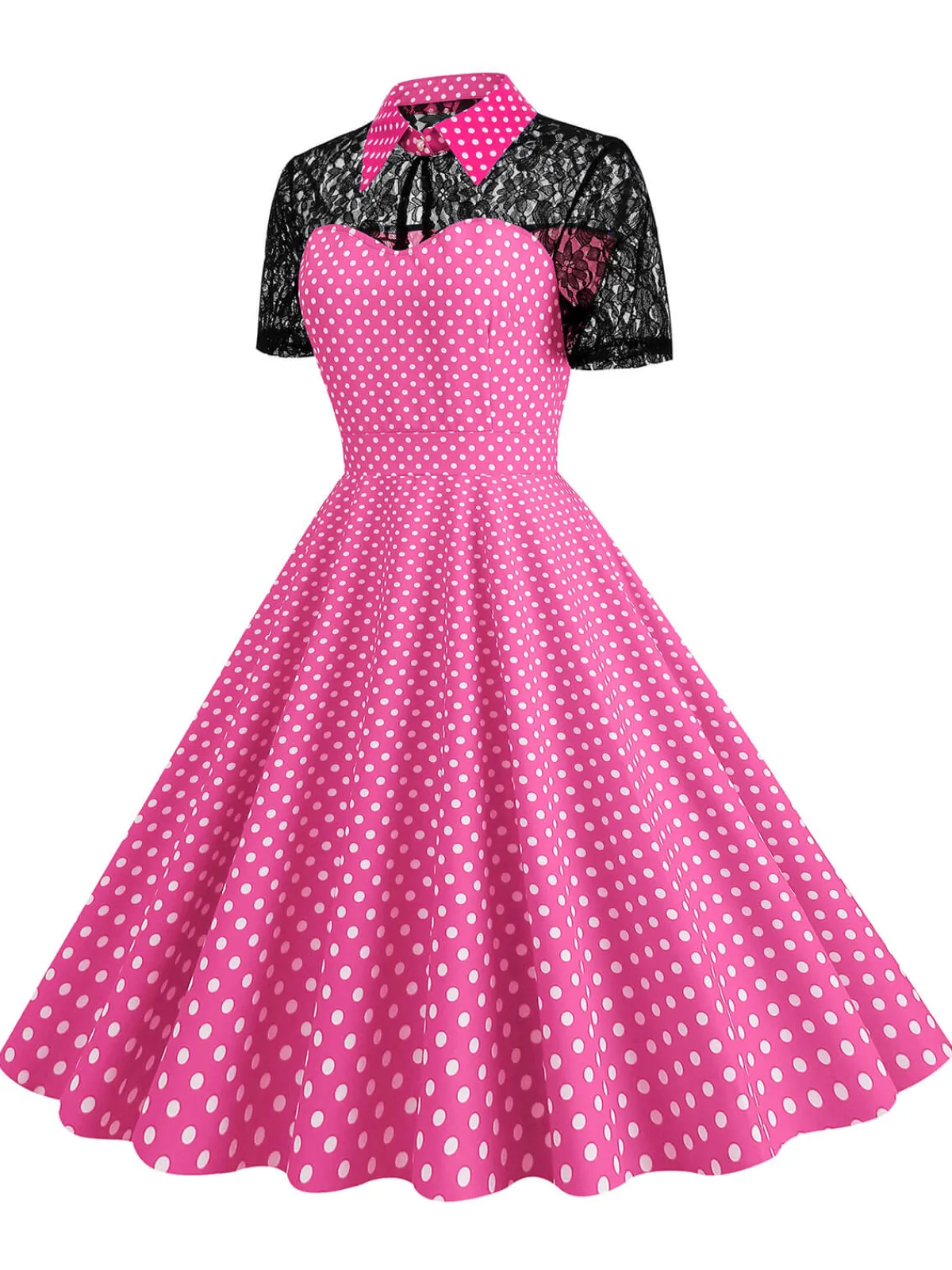 Online Retro Stage 1950s Mesh Patchwork Polka Dot Dress