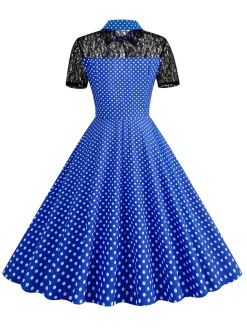 Online Retro Stage 1950s Mesh Patchwork Polka Dot Dress