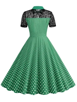 Online Retro Stage 1950s Mesh Patchwork Polka Dot Dress