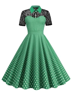 Online Retro Stage 1950s Mesh Patchwork Polka Dot Dress