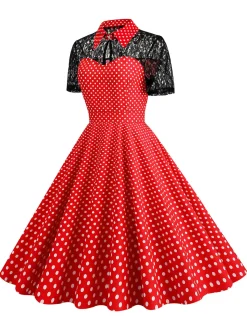 Online Retro Stage 1950s Mesh Patchwork Polka Dot Dress