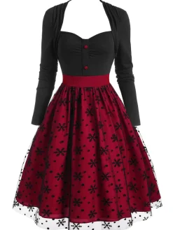 New Retro Stage 1950s Mesh Patchwork Vintage Dress Red