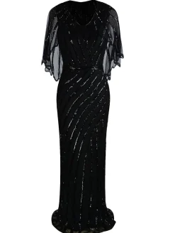 Discount Retro Stage 1920s Mesh Sequined Cape Maxi Dress Black