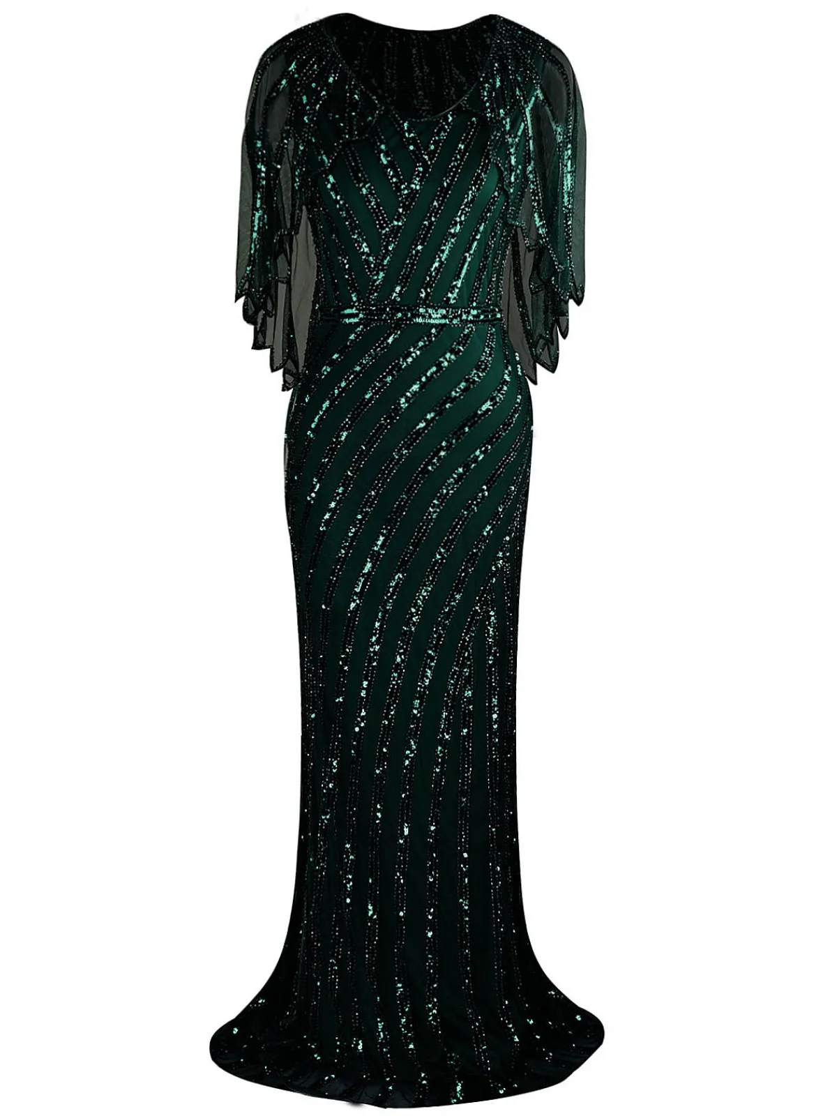 Discount Retro Stage 1920s Mesh Sequined Cape Maxi Dress Black