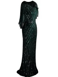 Discount Retro Stage 1920s Mesh Sequined Cape Maxi Dress Black