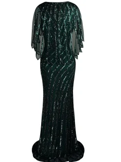 Discount Retro Stage 1920s Mesh Sequined Cape Maxi Dress Black